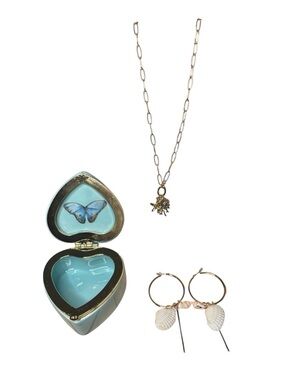Jewelry Bundle Gold Tone Shell Earrings, Charm Necklace, Butterfly Trinket Box